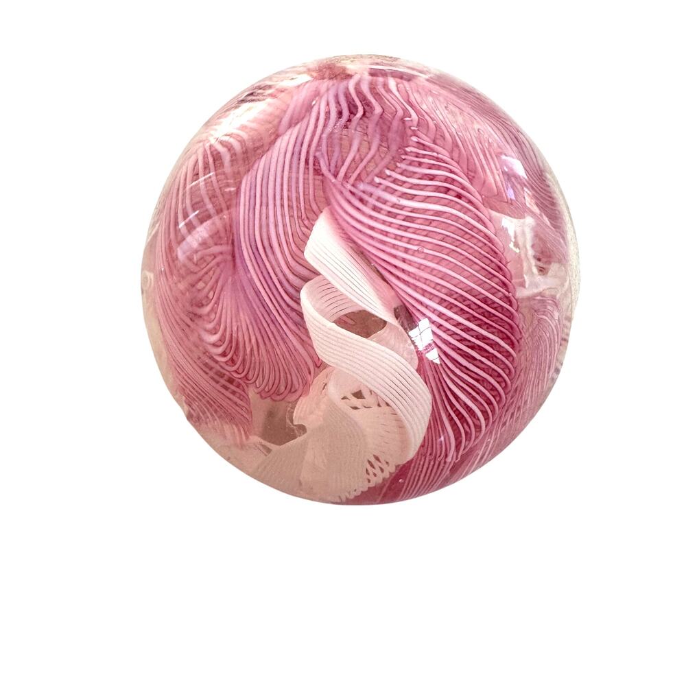 Vintage Bubble Glass Paperweight with Lattice Scrolling Pink & White Ribbons